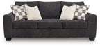 Loreo living room set dark gray sofa with three throw pillows and textured upholstery