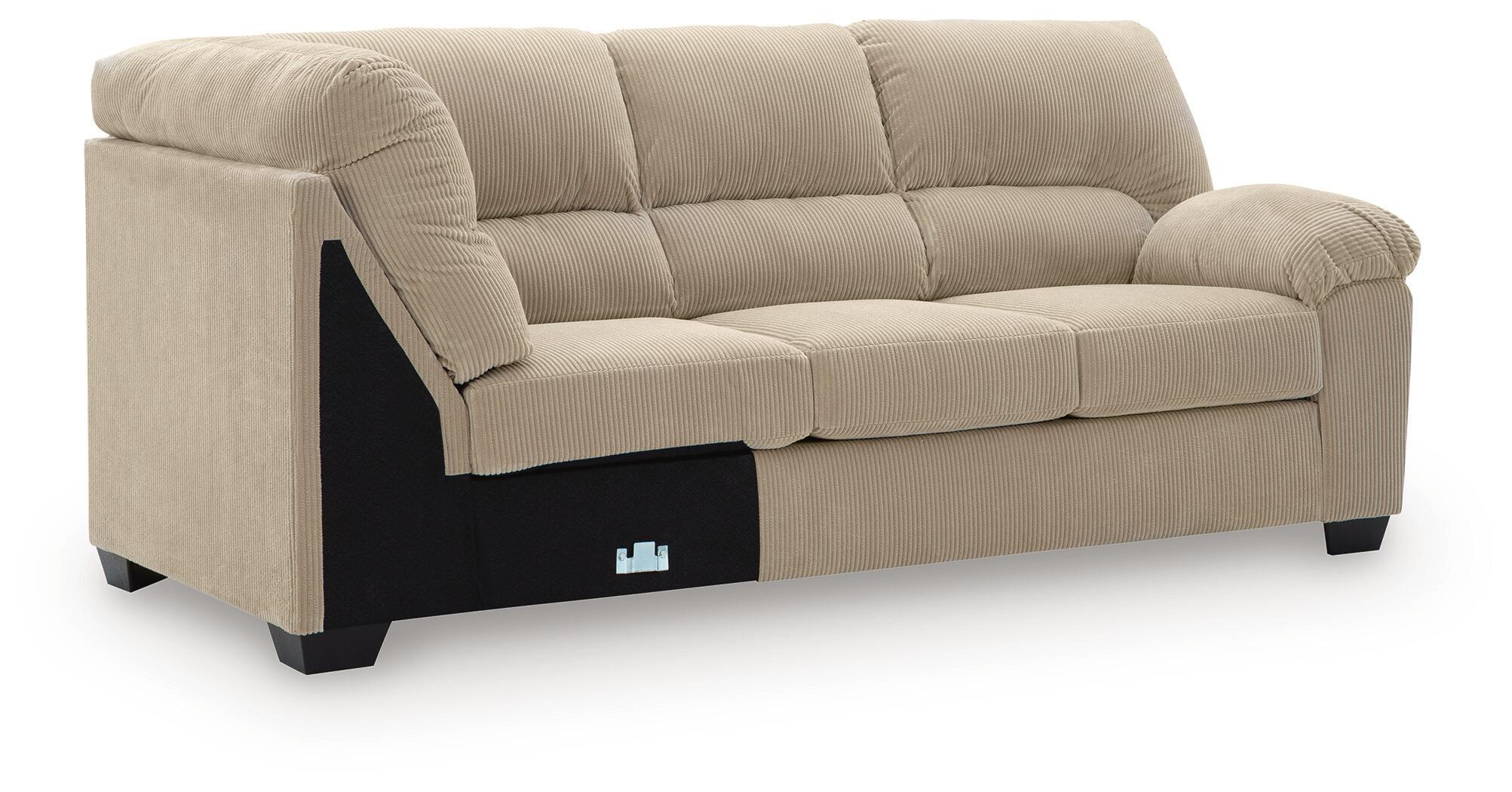 Sand fabric sofa with corner wedge, padded arms, tufted back and seat cushions