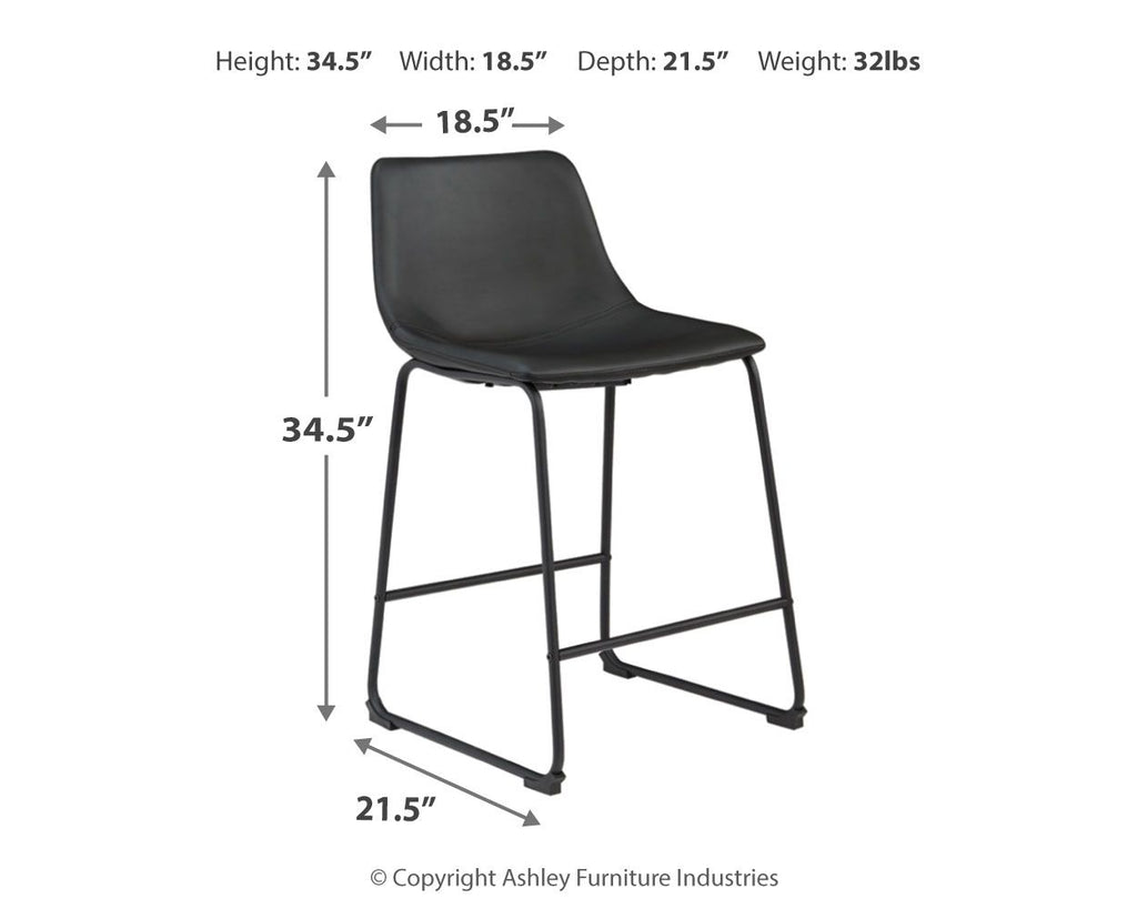 Upholstered bar stool with black seat, curved back, and black metal frame