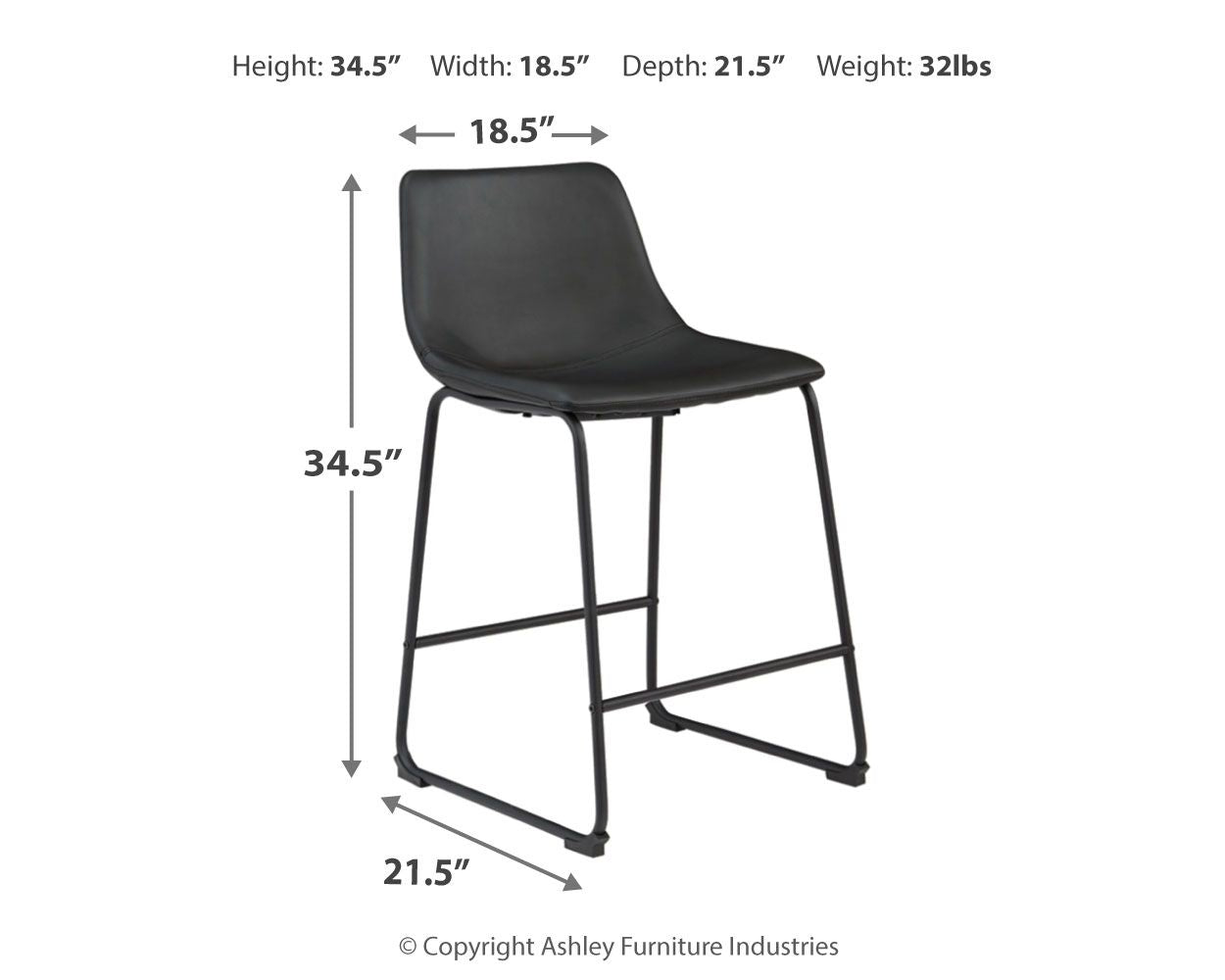 Upholstered bar stool with black seat, curved back, and black metal frame