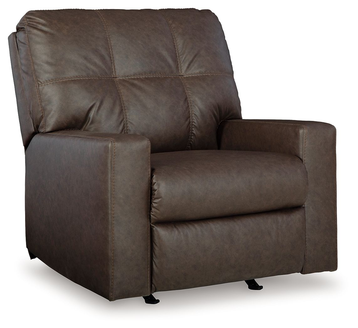 Brown rocker recliner with tufted back, boxed arms, and cushioned seat