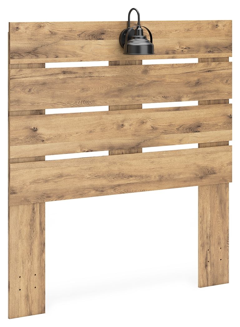 Brown wood full panel headboard with horizontal slat openings and rectangular frame