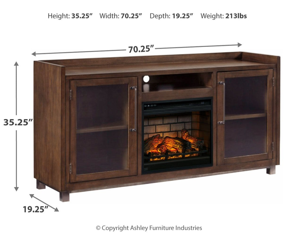 Dark brown TV stand with glass doors and central faux fireplace insert