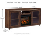 Dark brown TV stand with glass doors and central faux fireplace insert