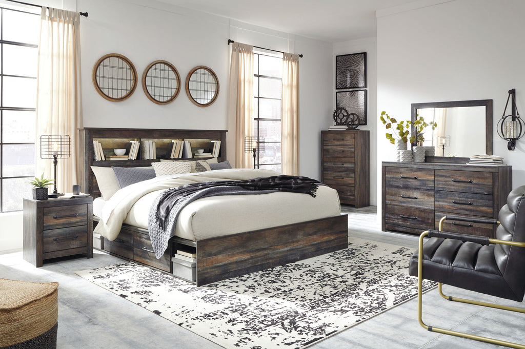 Panel bookcase bed with side storage drawers, dark wood finish, white and striped bedding