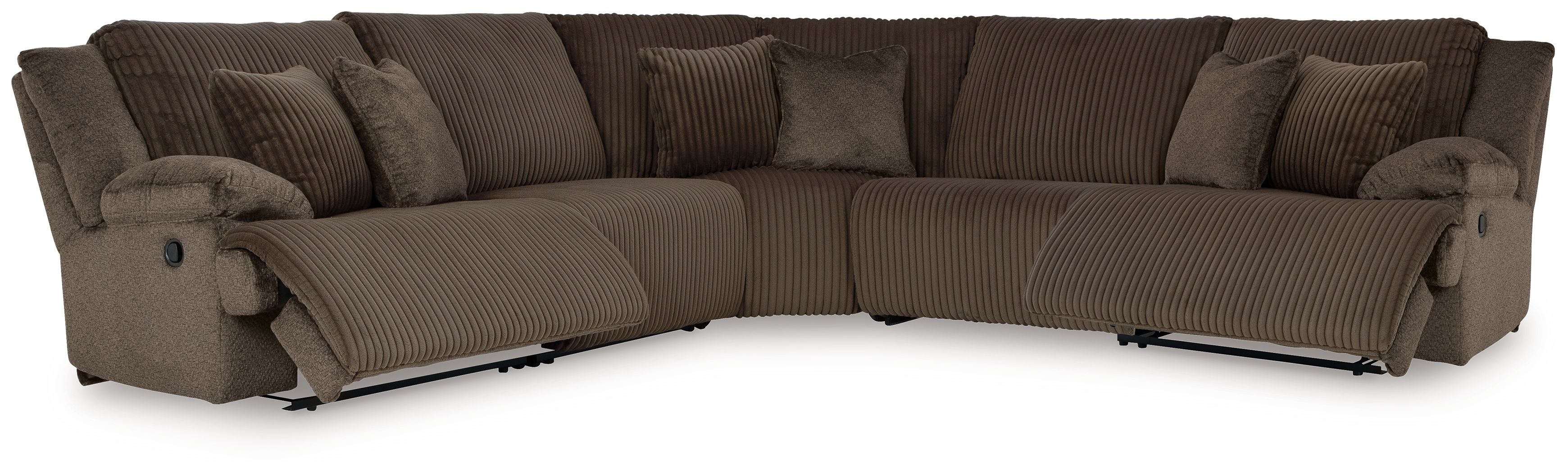 Dark brown ribbed reclining sectional sofa with chaise and cushioned back pillows