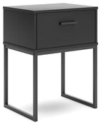 Black night stand with one drawer and metal bar handle, open bottom shelf frame.