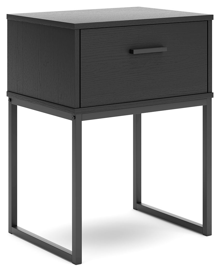 Black night stand with one drawer and metal bar handle, open bottom shelf frame.