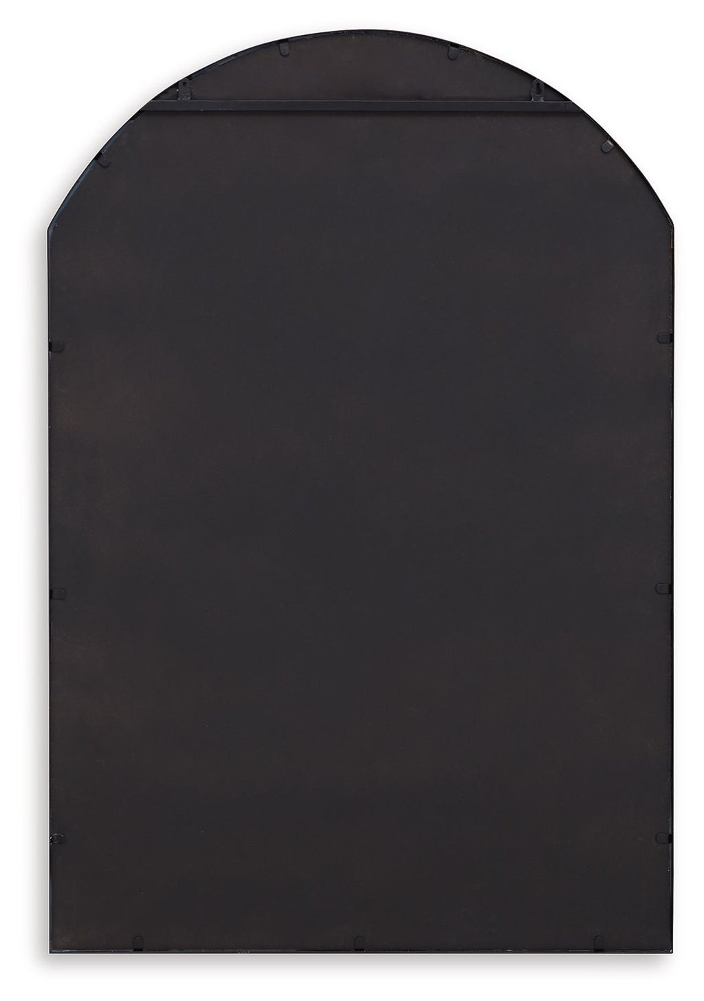 Back panel of black arched accent mirror with visible mounting holes