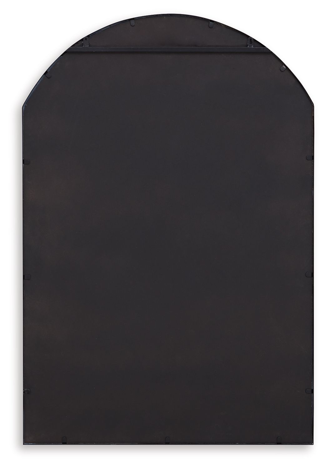 Back panel of black arched accent mirror with visible mounting holes