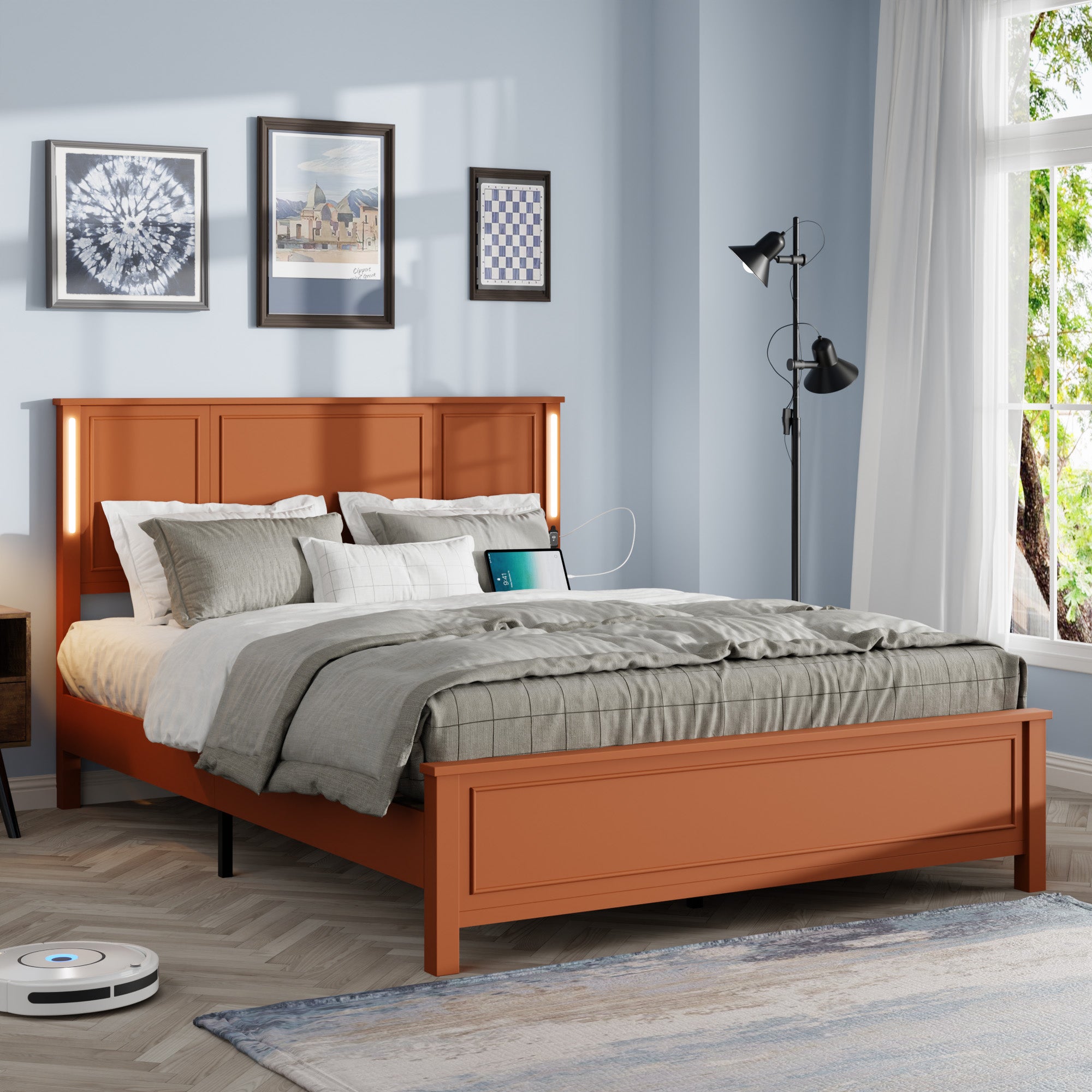 Queen Platform Bed Frame: Wooden, LED, Charging, No Box Spring
