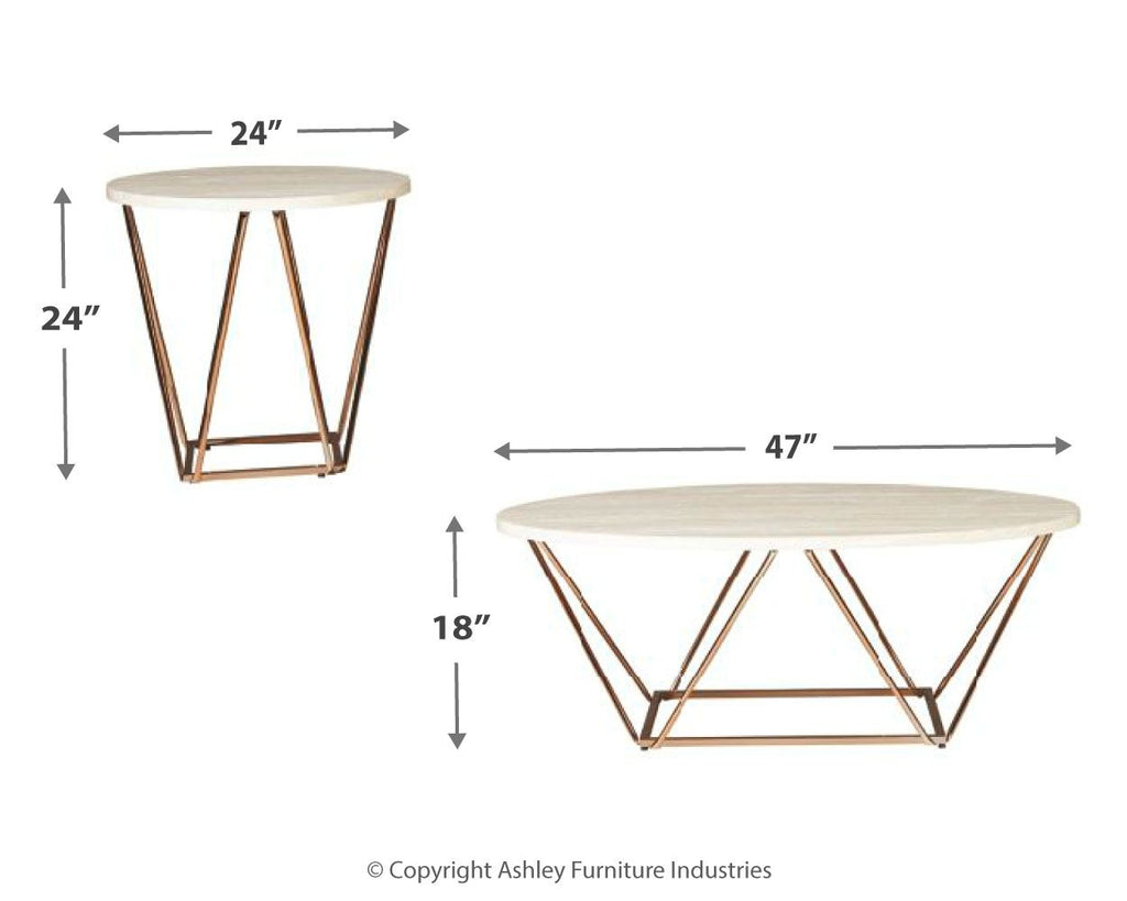 Occasional table set of 3, three round tables with off-white tops and gold-finish legs