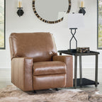 Caramel brown leather rocker recliner chair with square arms and padded back