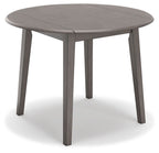 Gray round drop-leaf table with smooth wood top and four straight legs