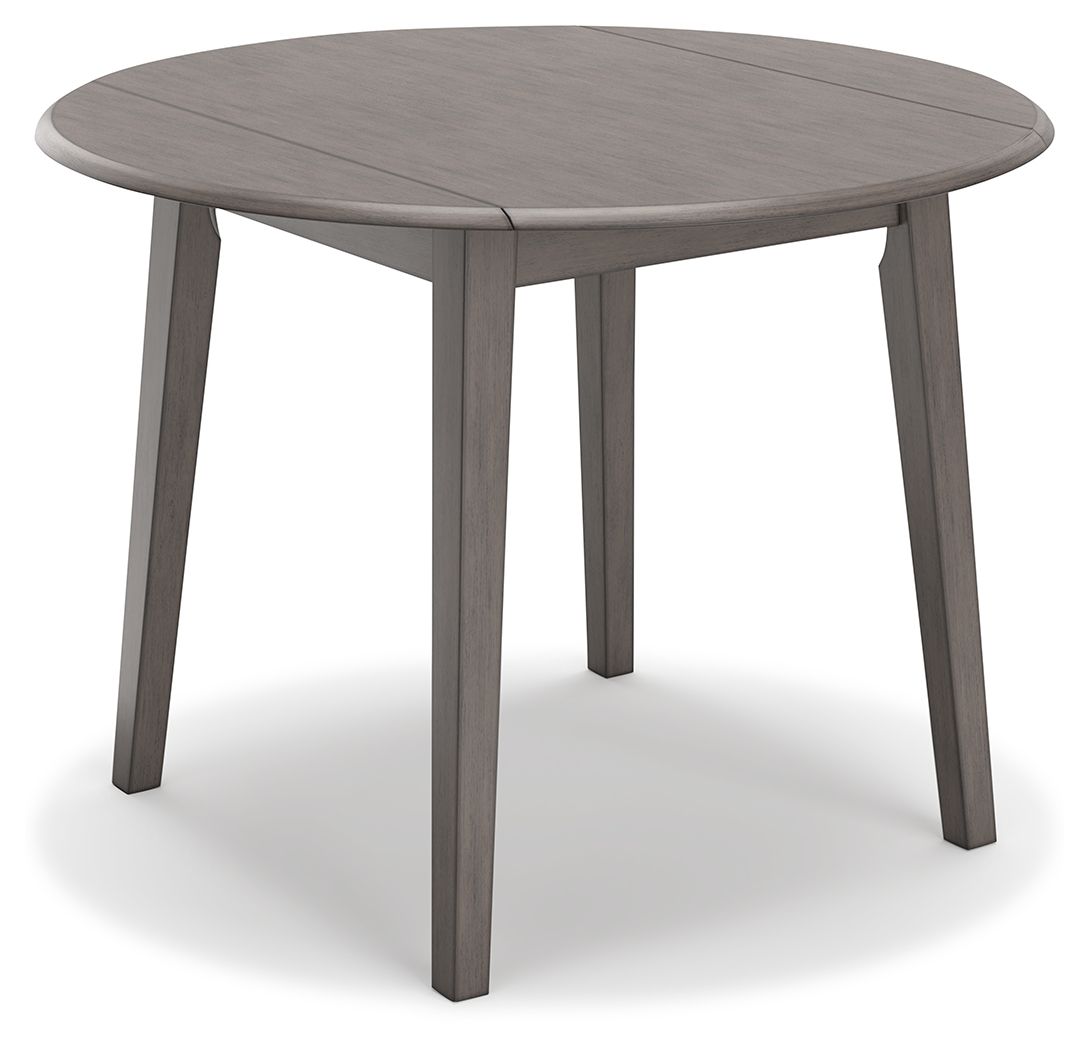 Gray round drop-leaf table with smooth wood top and four straight legs