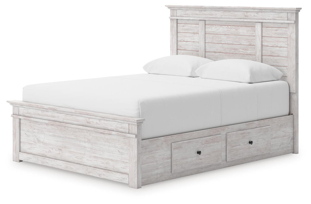 Panel storage bed with white mattress, light gray wood panel headboard, two front drawers
