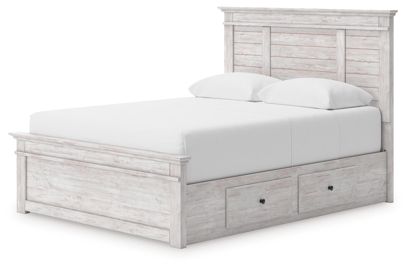 Panel storage bed with white mattress, light gray wood panel headboard, two front drawers