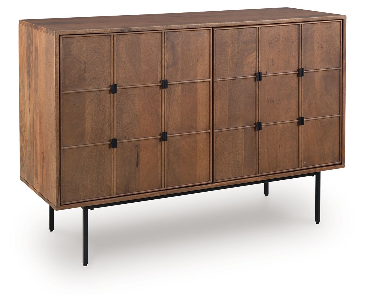 Brown accent cabinet with paneled doors and black metal knobs, raised on legs