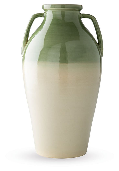 Glazed green and beige vase with two side handles and wide opening