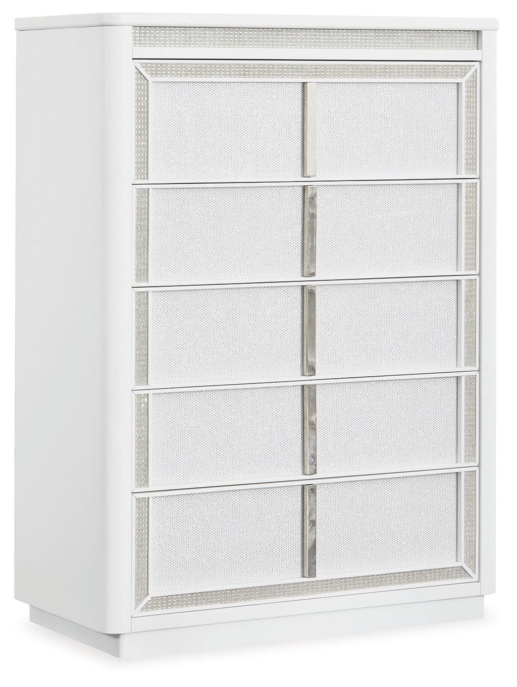 White five-drawer chest with lattice-pattern drawer fronts and vertical center dividers