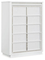 White five-drawer chest with lattice-pattern drawer fronts and vertical center dividers
