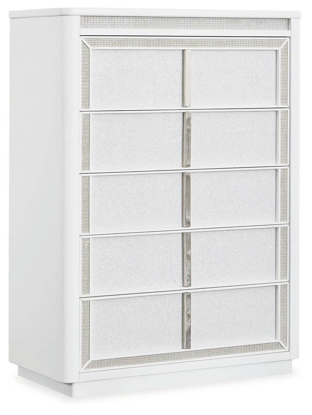White five-drawer chest with lattice-pattern drawer fronts and vertical center dividers