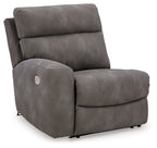 Slate gray power recliner chair with padded headrest, armrests, and recline footrest