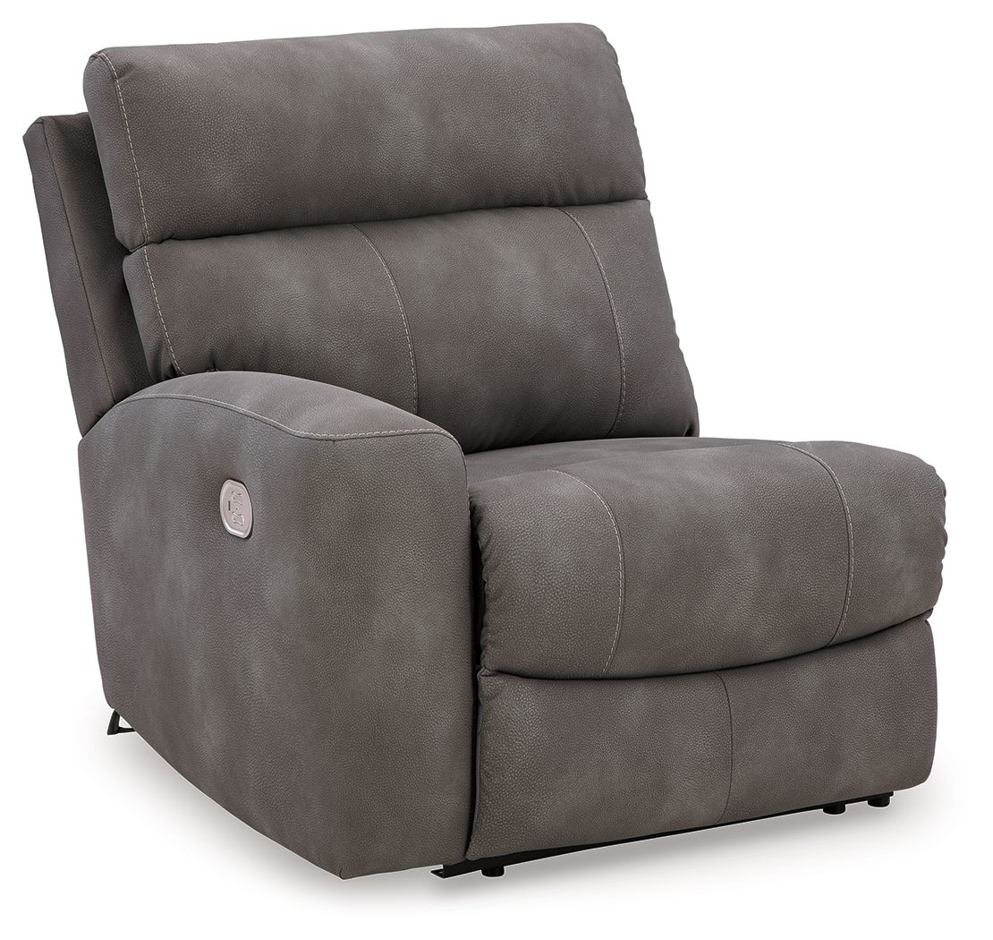 Slate gray power recliner chair with padded headrest, armrests, and recline footrest