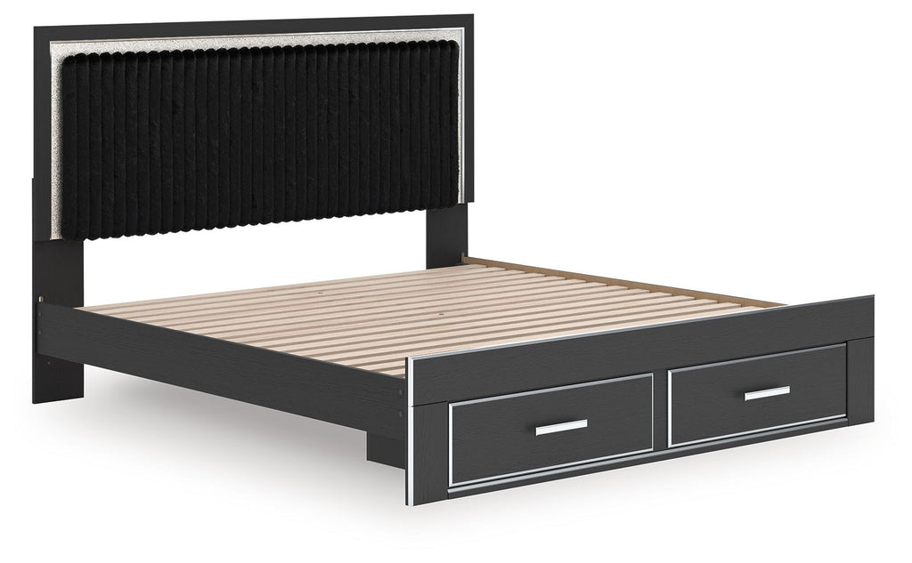 Black upholstered panel platform bed frame with slatted base and two storage drawers