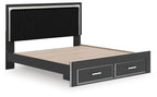Black upholstered panel platform bed frame with slatted base and two storage drawers