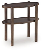 Gray-brown two-tier accent table with round top, lower shelf, and turned legs