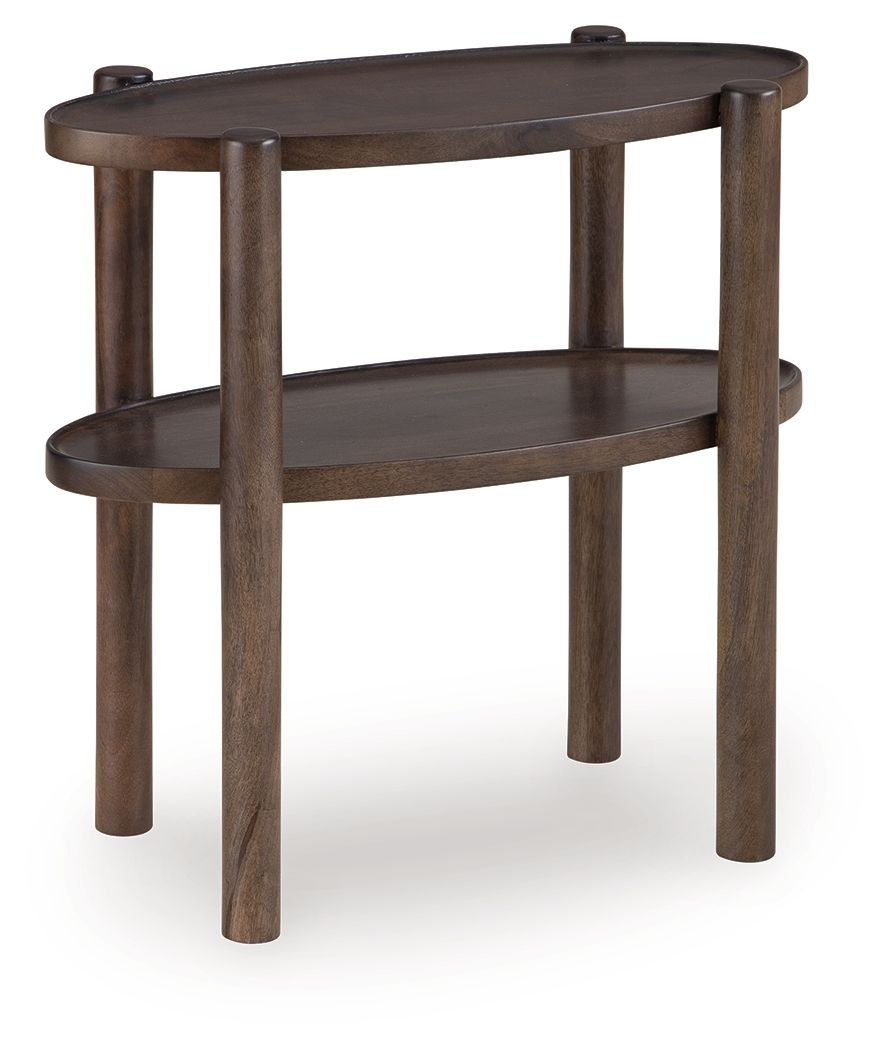 Gray-brown two-tier accent table with round top, lower shelf, and turned legs