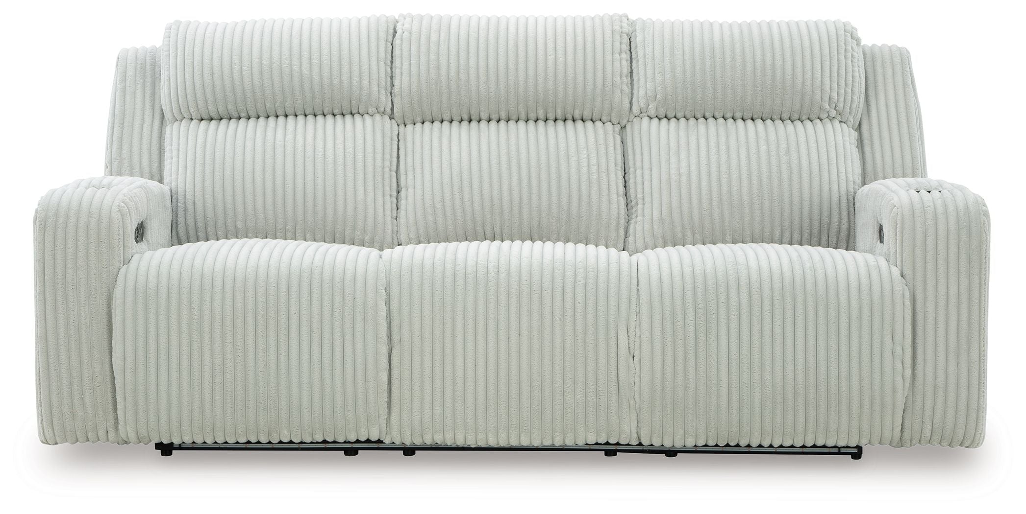 Power reclining sofa with adjustable headrests, light gray ribbed upholstery, front view