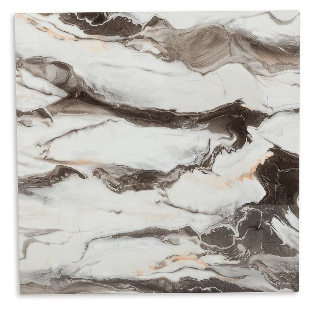 Square tabletop panel with swirled marble pattern in beige, brown, and dark tones