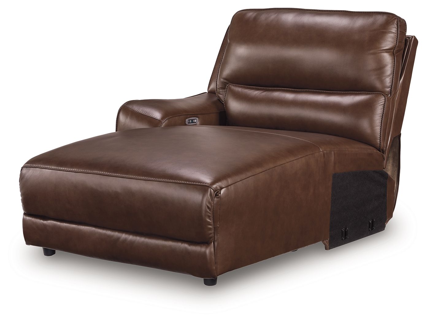 Brown power chaise chair with padded armrests and press-back headrest