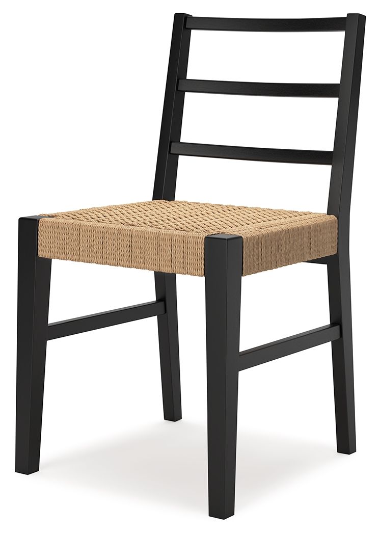 Dining room side chair with dark legs and light brown woven seat, black backrest