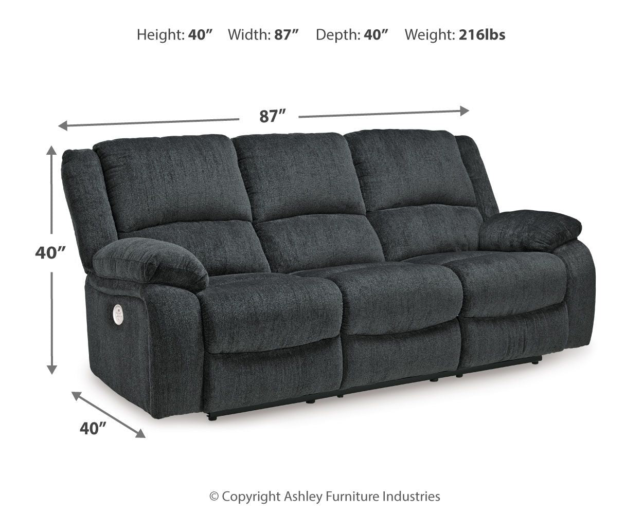 Draycoll reclining sofa in slate with tufted back, padded chaise seat, and rounded track arms