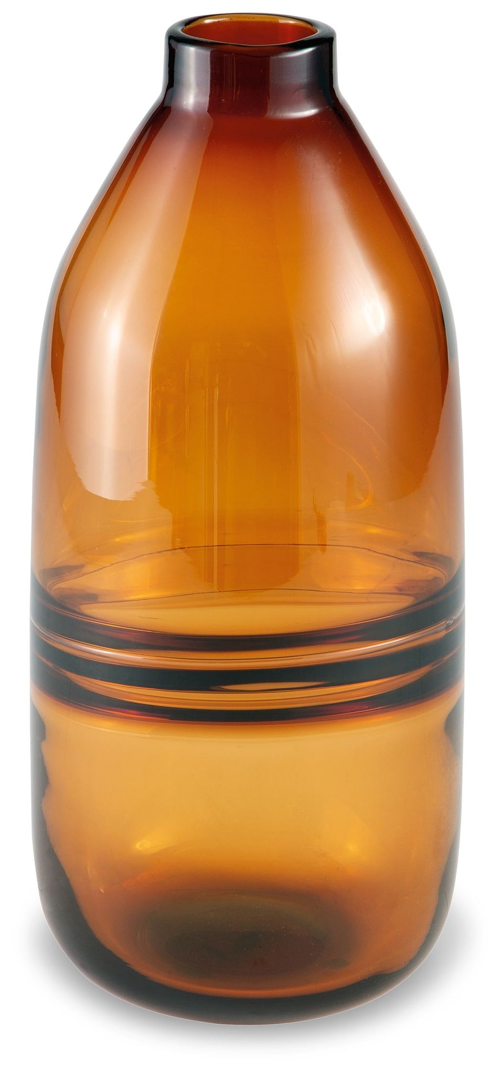 Amber glass vase with wide round body and short flared neck