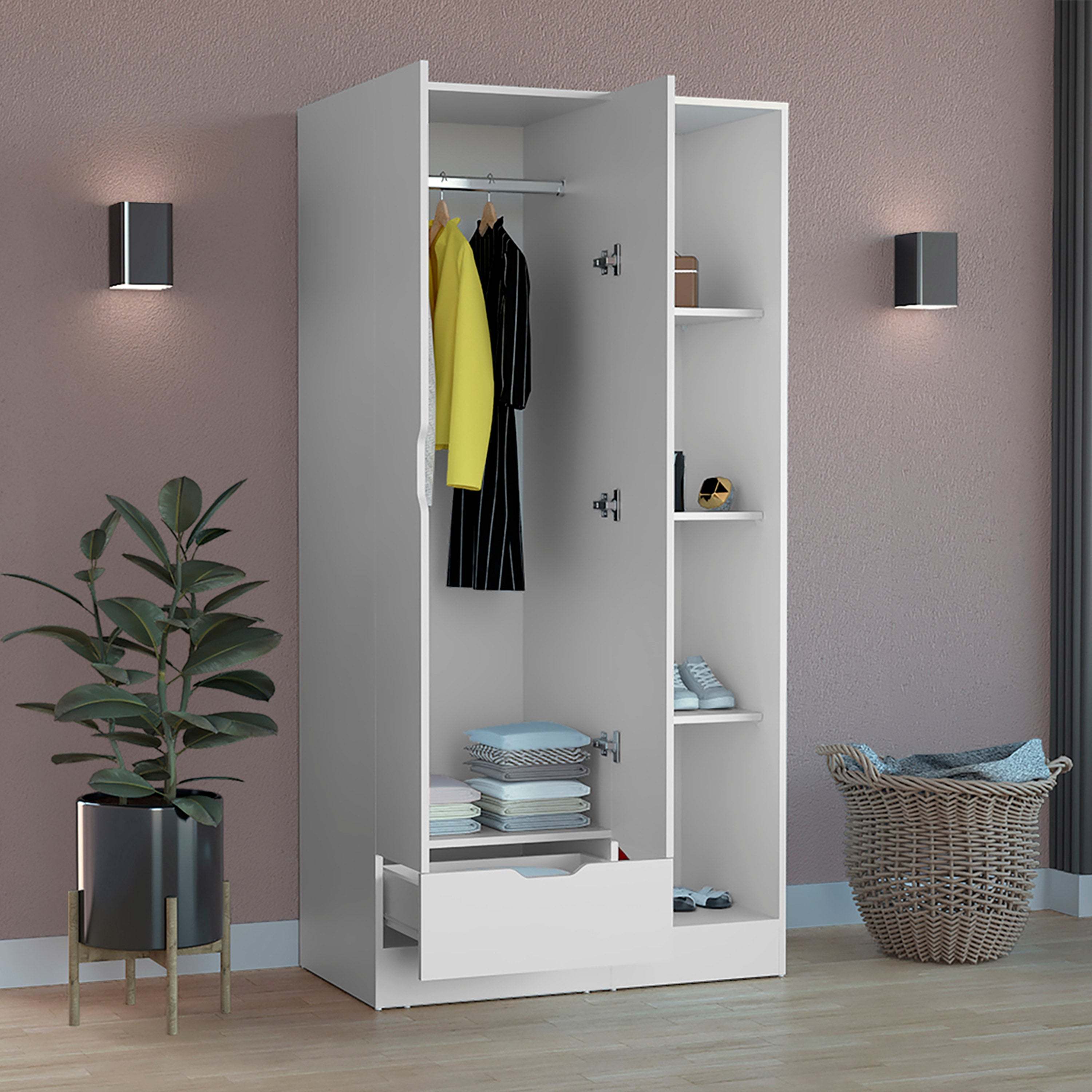 Modern Armoire with Shelves & Drawer - 71" White