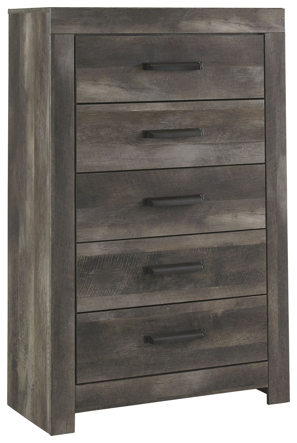Gray five-drawer chest front with five drawers and dark bar handles.