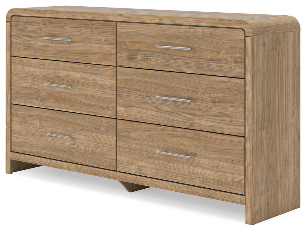 Light brown six-drawer dresser with metal bar pulls and two center drawer lines