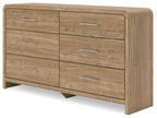 Light brown six-drawer dresser with metal bar pulls and two center drawer lines