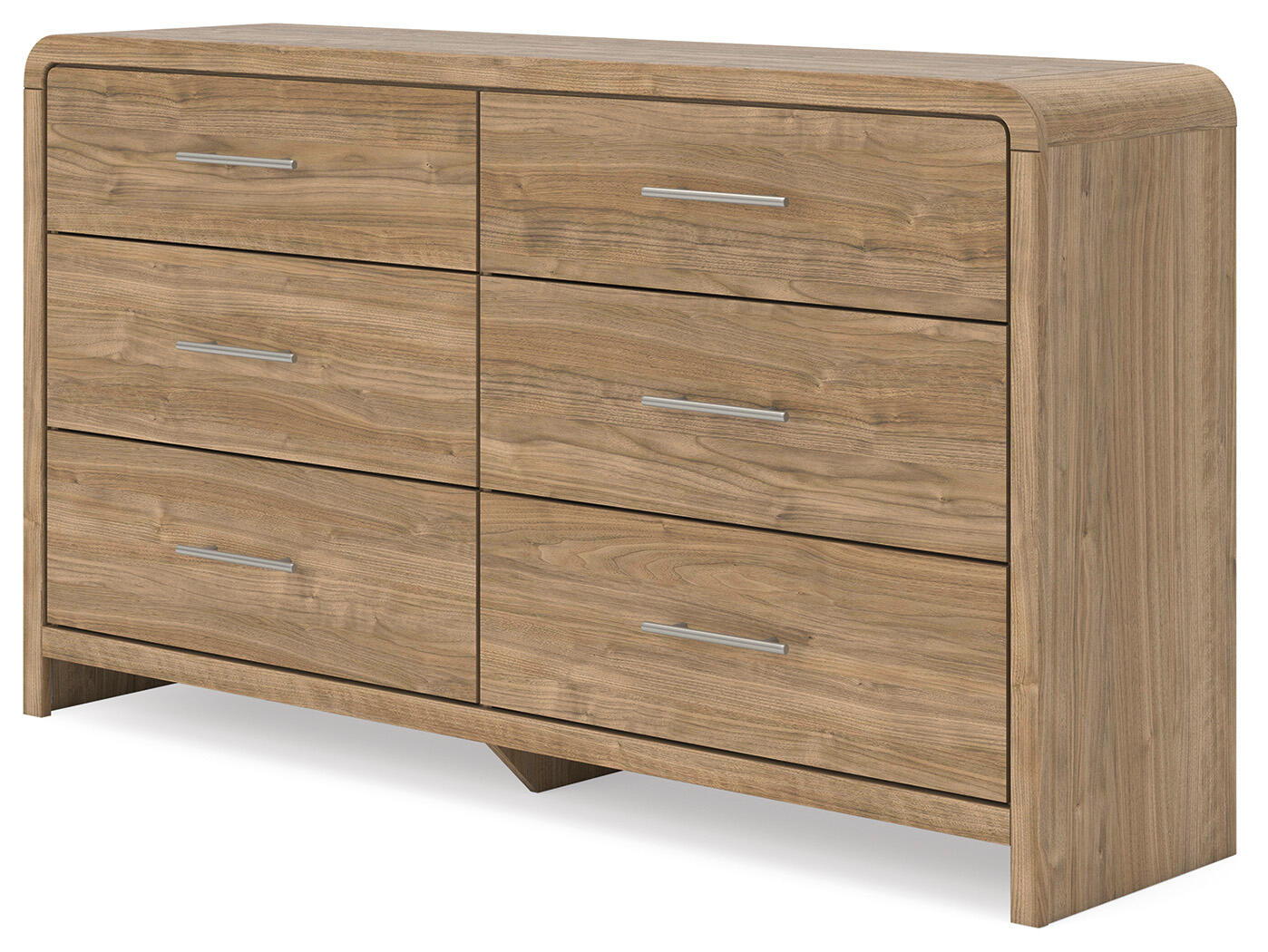 Light brown six-drawer dresser with metal bar pulls and two center drawer lines