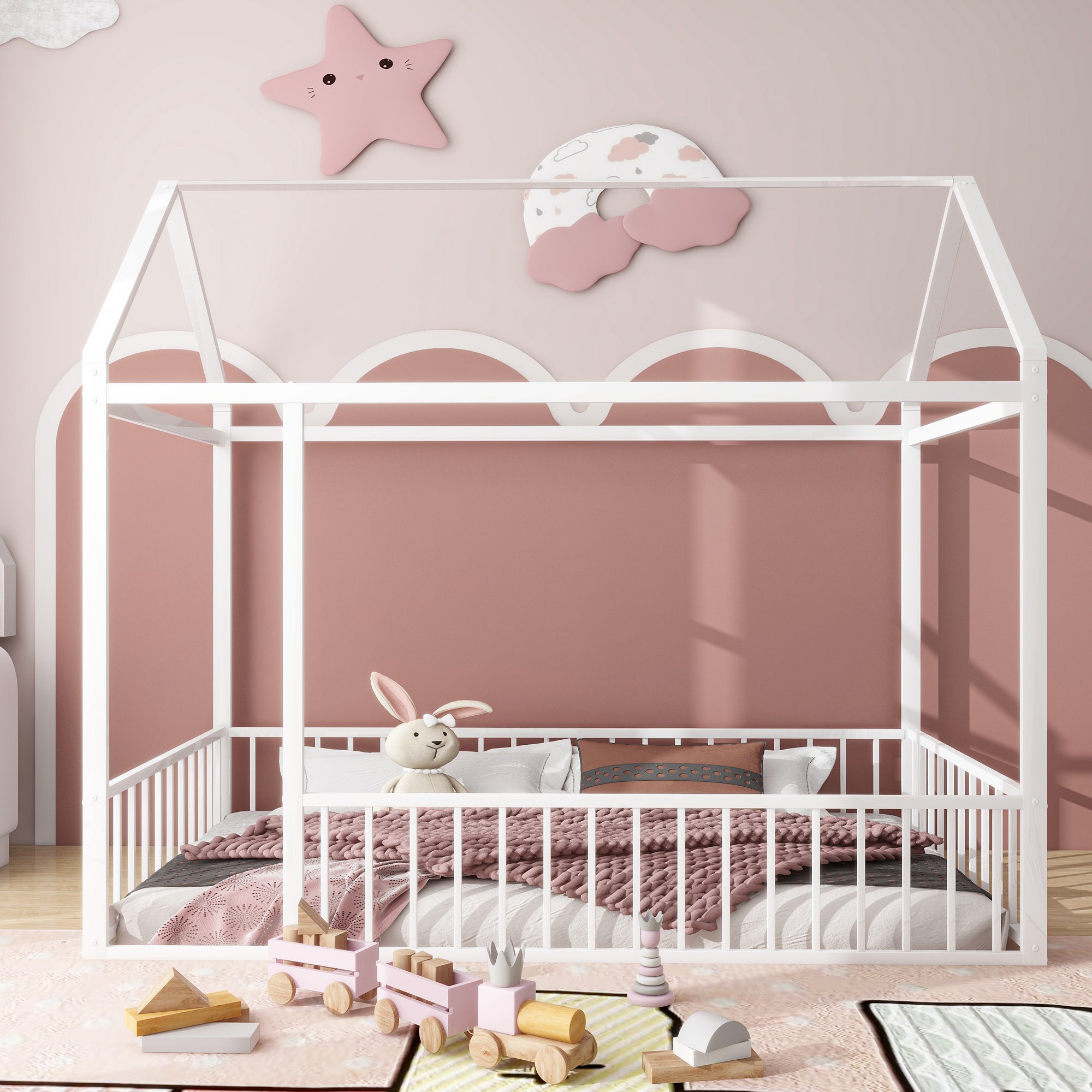 Twin White Metal House Bed Frame with Fence for Kids & Teens