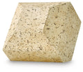 Beige speckled geometric sculpture, faceted angular pedestal shape