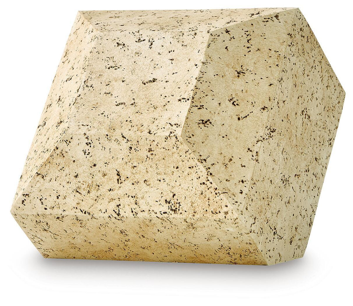 Beige speckled geometric sculpture, faceted angular pedestal shape