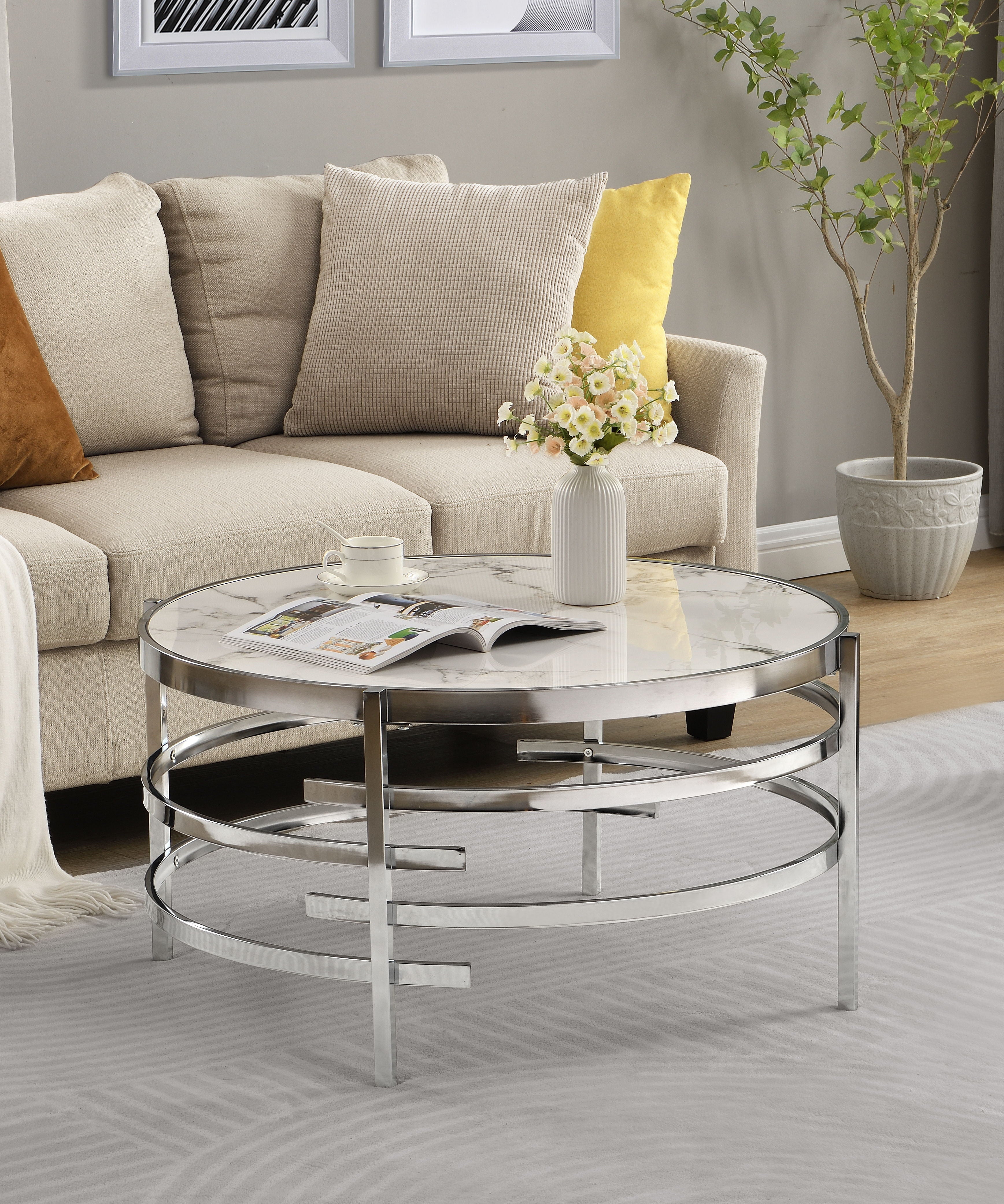 32.48'' Chrome Round Coffee Table With Sintered Stone Top&Sturdy Metal Frame, Modern Coffee Table For Living Room - Silver