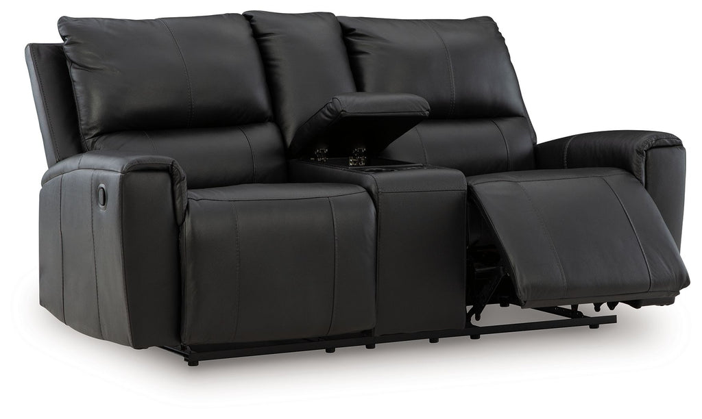 Black reclining loveseat with pull-out footrest and console storage compartment
