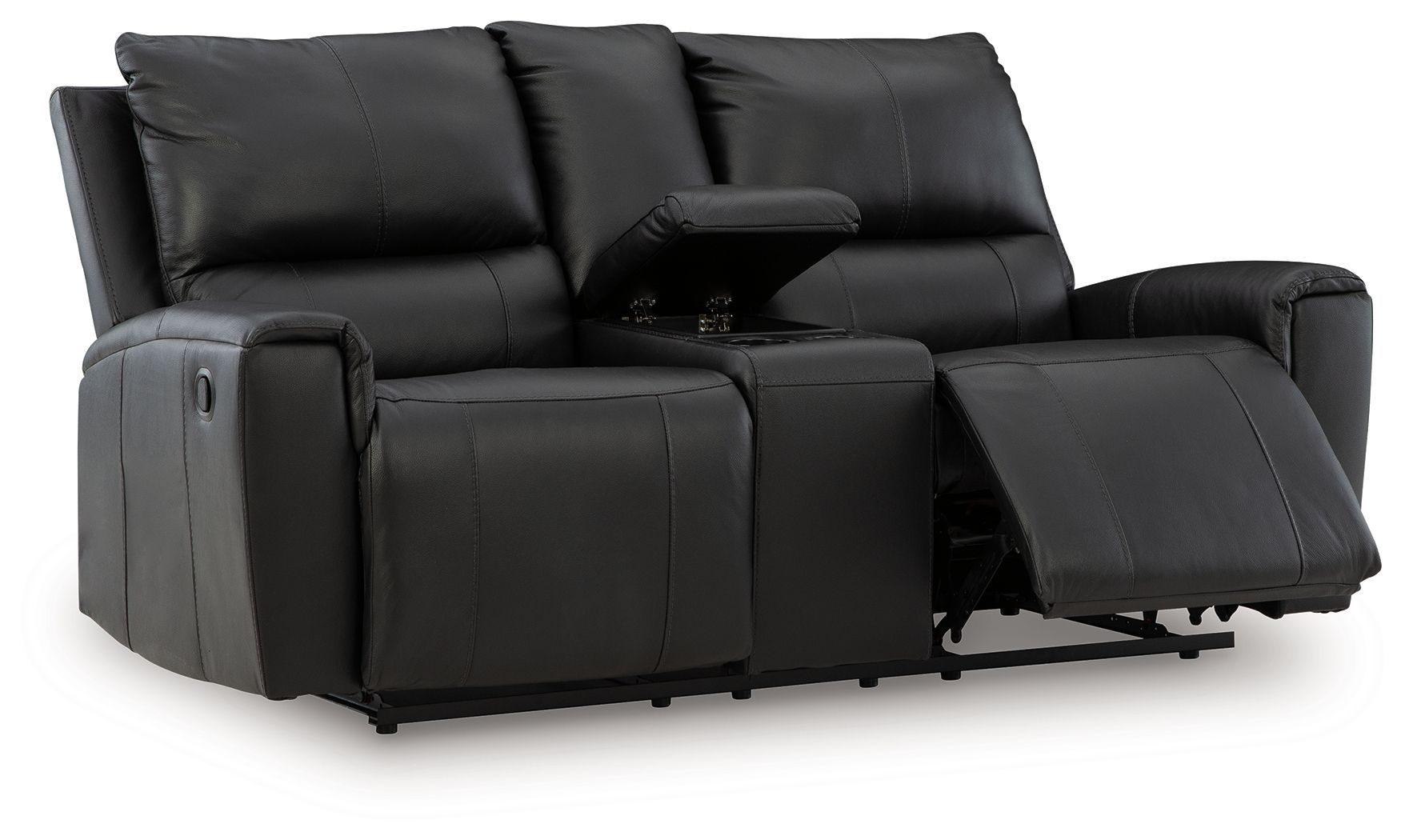 Black reclining loveseat with pull-out footrest and console storage compartment