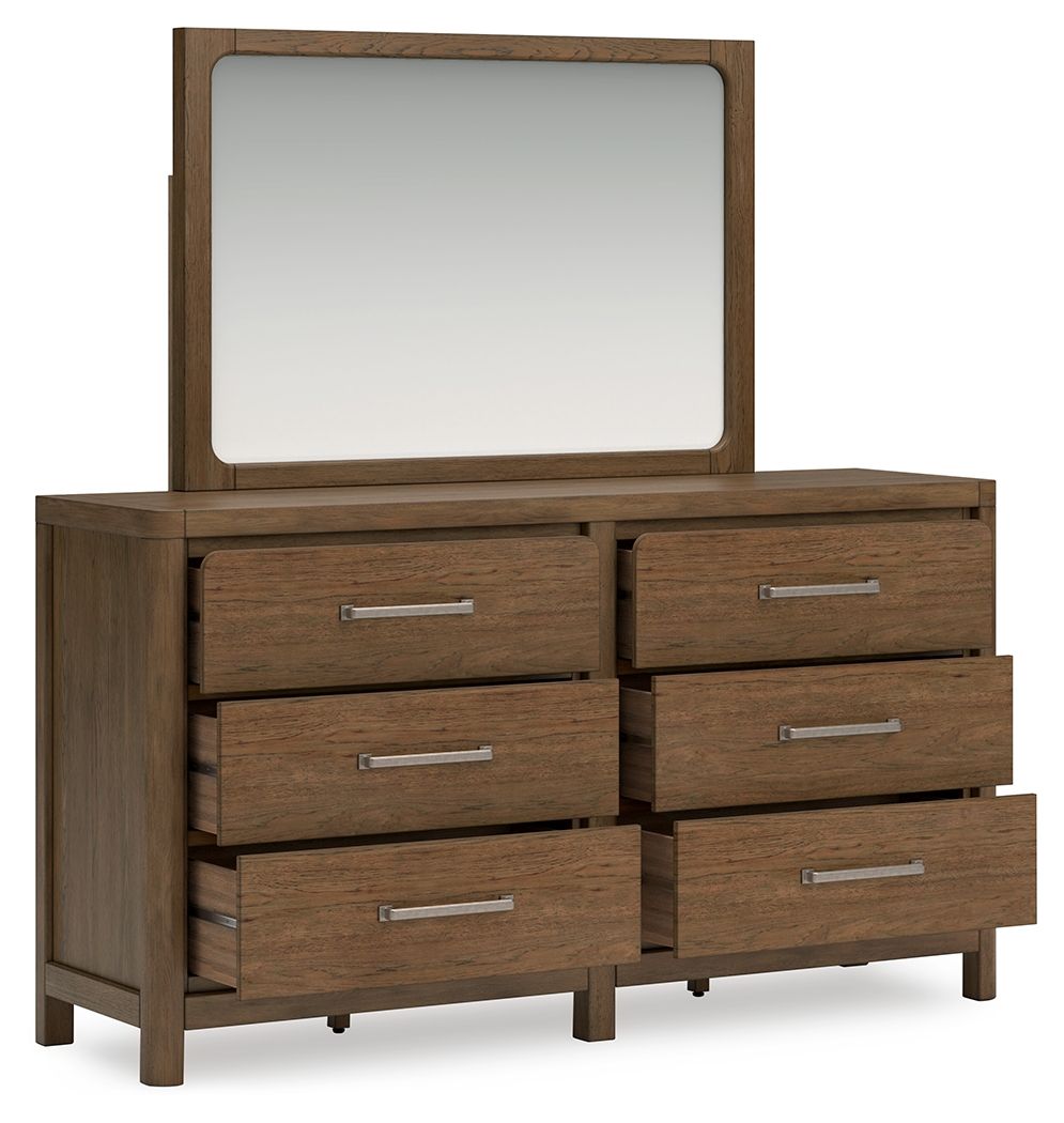 Light brown dresser with mirror, 6-drawer front panel and metal bar pulls